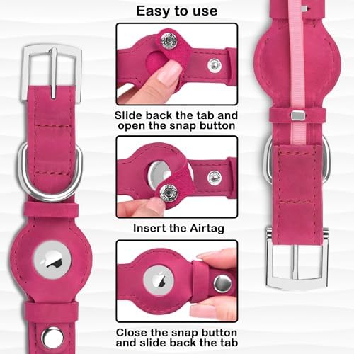 Leather Dog Collar with Airtag Holder - Apple Air Tag Dog Collars - Soft Tracking GPS Pet Collar for Small Medium Large Dogs Breed Puppy (Pink, M, 12"-15" Neck Fit)