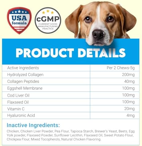 Collagen for Dogs - 150 Chews - Joint, Skin & Coat Supplement with Hyaluronic Acid, Eggshell Membrane & Vitamin C - Daily Hip & Joint Support for Senior Dogs & Puppies - Chicken