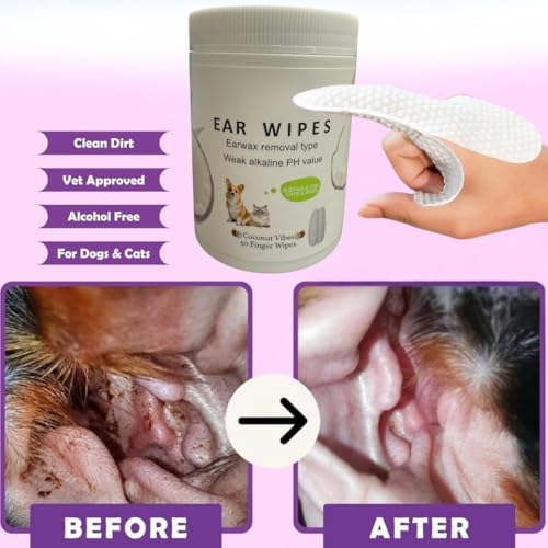 PET Dog Ear Wipes Finger 50 Count Dog Ear Cleaner Wipes for Dogs & Cats, Dog Ear Infection Treatment to Relieve Ear Itching & Inflammation, Remove Ear Wax, Dirt, Smelly - Fresh Coconut Scent