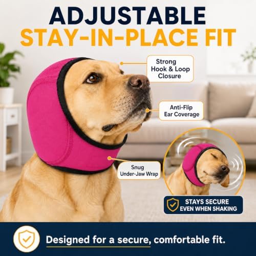 Dog Ear Muffs Noise Protection, Adjustable Dog Ear Wrap Calming Hoodie, No Shake Ear Covers for Thunder, Vacuum, Grooming & Bathing, Polyester Noise Reduction Padding with Elastic Strap(Rose red,S)