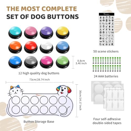 Dog Buttons for Communication Dog Talking Buttons,12 Recordable Sound Buttons + 50 Scene Patterns + 1Water - Resistant and Non - Slip mat+ 24 AAA Batteries 30 Seconds Buttons for pet Training