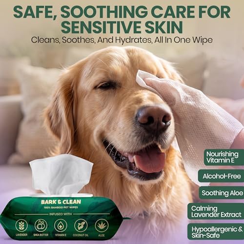 Bark & Clean Dog Wipes for Paws and Butt, 50 Count, Extra Large, Thick 8.5" x 9" Hypoallergenic Bamboo Puppy Compostable Cleaning & Deodorizing Grooming Wipes with Lavender