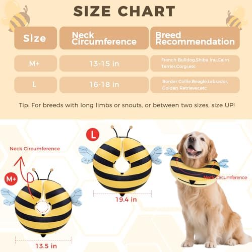 PAWCHIE Inflatable Dog Cone Collar Alternative, Soft Dog Cone for Medium to Large Dogs After Surgery, Adjustable Neck Recovery E-Collars Donut Collar with Cute Bee Shape, Yellow M