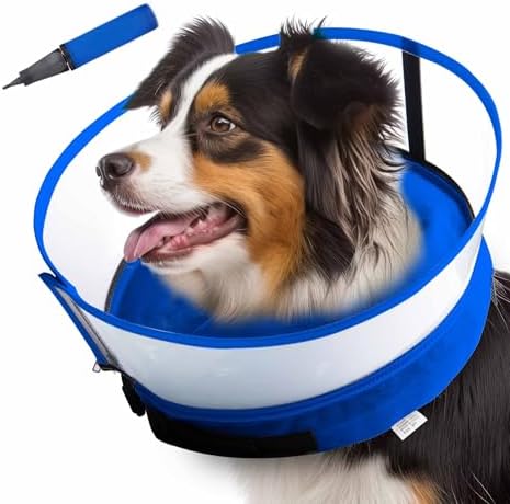Dog Inflatable Neck Collar - Inflatable E Collar for Dogs - Comfortable Elizabethan Cone with Detachable Anti-Licking Shield - Dog Donut Cone - Doughnut for Dogs After Surgery (Blue, M)