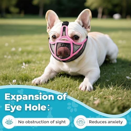 OHCOZZY French Bulldog Muzzle, Adjustable Soft Short Snout Dog Muzzle with Eye Hole for French Bulldog, Pug, Shih Tzu, Anit Biting Chewing, Allow to Drink and Feed(S,Pink)
