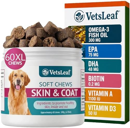 Dog Skin & Coat Chews for Itchy Skin, Paw Licking & Dry Skin Allergy Relief - Omega-3 Fish Oil, EPA & DHA, Biotin, Vitamin A & D3 - Anti Itch Skin Support - Made in USA - 60 Count