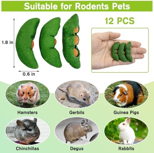 Fhiny Hamster Chew Toys for Teeth, 12 PCS Peapods Shaped Guinea Pig Snacks Natural Timothy Grass Carrot Rabbit Treats Handmade Small Animal Food for Bunny Chinchilla Gerbil Molaring