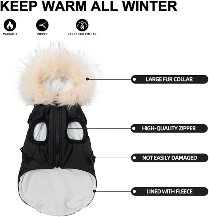 PINA Dog Coat with Built in Harness, Dog Jacket with Faux Fur Hood, Dogs Vest with Reflective Strap for Small Medium Large Dogs, Black, S