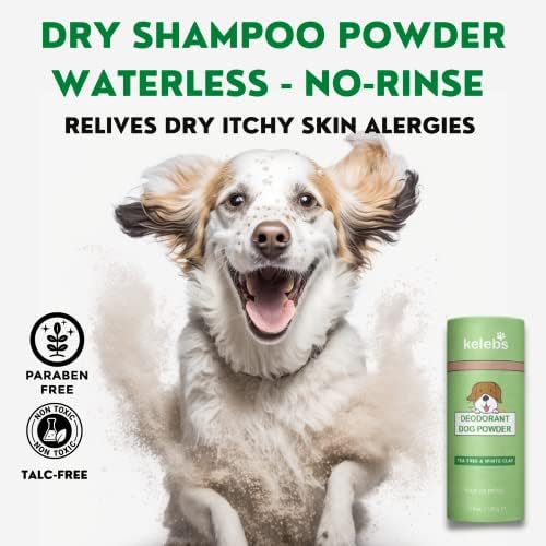 Kelebs Dog Dry Shampoo for Smelly Dogs | Waterless Dry Dog Shampoo Powder | Anti Itch Shampoo for Dogs | Skin Ear & Paw | Tea Tree Oil | Talc Free with Organic White Clay Vegan | No Plastic
