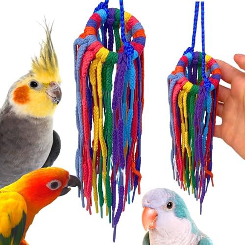 Bonka Bird Toys 51214 Small Aglet Heaven Cotton Shoelace Toy with Plastic Aglets and 2" Ring for Parakeets Cockatiels Quakers Pionus Small Bird Enrichment