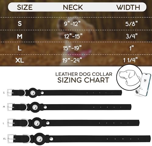 Leather Dog Collar with Airtag Holder - Apple Air Tag Dog Collars - Soft Tracking GPS Pet Collar for Small Medium Large Dogs Breed Puppy (Black, XL, 19"-24" Neck Fit)