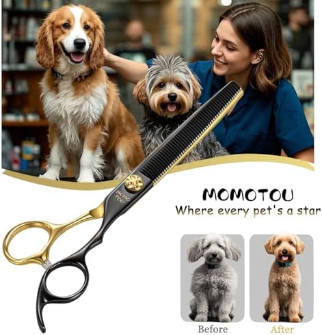7'' Thinning Dog Grooming Scissors with Decorative Screw Sharp and Durable Black and Gold 440C Stainless Steel Dog Thinner Shears Easy Use for Groomers and Beginners