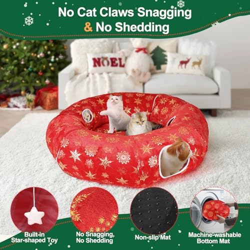 Cat Tunnel Bed for Indoor Cats, XL Christmas Tree Skirts Washable Warm Soft Indoor Cat Donut Tunnel, Multifunctional Cat Interactive Playground Toys for Felines Pet Christmas Tree Decoration
