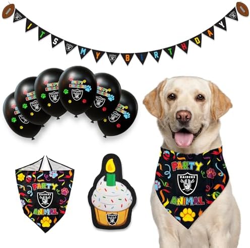 NFL LAS Vegas Raiders Dog Birthday Party Set 9pcs with 1 Football Bandana Small/Medium, 1 Banner, 1 Birthday Cake Toy & 6 B-Day Balloons, Dog Birthday Set, Costume, Fun Doggie Pawty Accesories