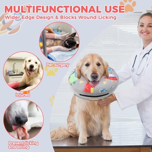 PAWCHIE Inflatable Dog Cone Collar Alternative, Soft Dog Cone for Medium to Large Dogs After Surgery, Adjustable Neck Recovery E-Collars Donut Collar with Cute Dinosaur Prints, Grey M