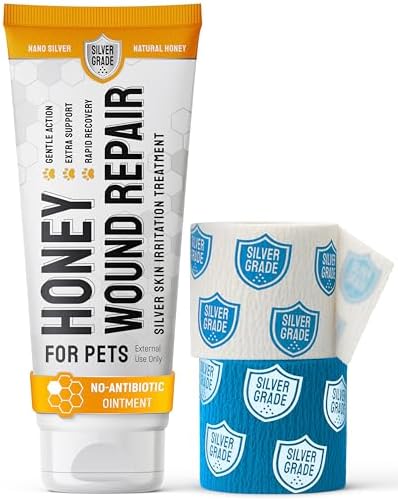 Hot Spot Treatment For Dogs & Cats to Help with Scratches, Cuts, Bites – Set of Honey Wound Repair Ointment in Gel Form + 2 Bandages – Horse & Dog Wound Care with Silver & Honey – All Pets Care – 2 Oz