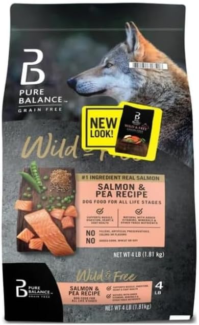 Pure Balance Wild & Free Salmon & Pea Recipe Dry Dog Food, Grain~Free, Real Salmon First Ingredient, No Fillers or Artificial Preservatives, Supports Muscle, Digestion, Heart, and Coat Health ~ 4 Lbs