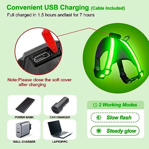 Visinite LED Dog Harness, USB Rechargeable Light Up Dog Vest, 2 Illuminate Modes Glow in The Dark Dog Harness, Adjustable Lighted Pet Harness Light for Night Walking Safety (Green, S)