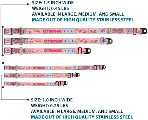 Mattel Pet Collar, Dog Collar Metal Seatbelt Buckle, Barbie Smart Beautiful Strong Icons Pink Multi Color, 13 to 17 Inches 1.5 Inch Wide