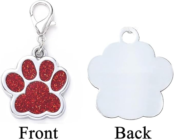 Cute Personalized Pet Name Tags for Cats/Dogs - Glitter Custom pet id tag, Dog id Tags Engraved for Pets, Customizable cat tag, pet Collar Charms, Dog Name tag (Paw-Shaped-Small: Red)