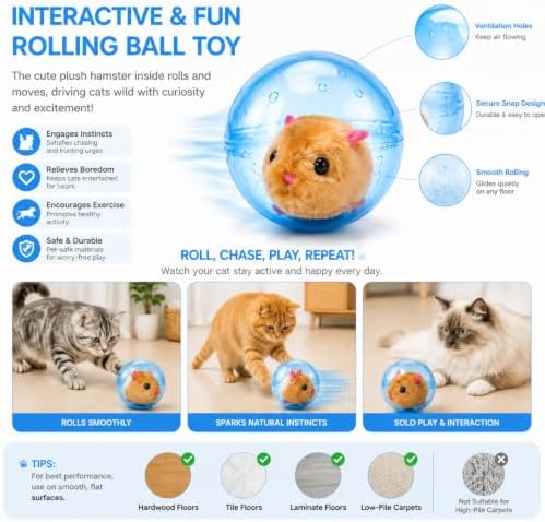 Electric Hamster Ball Cat Toy – Automatic Rolling Animal Pet Rolling Ball, Interactive Hamster Ball Cat Toy for Indoor Cats Exercise and Chase Play (Hamster(Blue))
