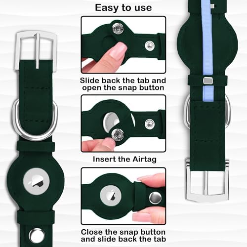 Leather Dog Collar with Airtag Holder - Apple Air Tag Dog Collars - Soft Tracking GPS Pet Collar for Small Medium Large Dogs Breed Puppy (Green, M, 12"-15" Neck Fit)