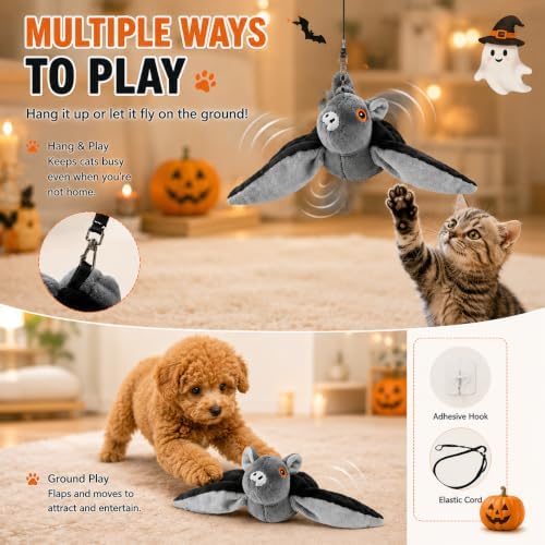 Flying Bat Dog Toy, Flying Bat Toy for Dogs, Flapping Bird Interactive Cat Toy, Cute Flapping Wings Electric Teasing Cat/Dog Toy, Hanging and Ground Play (2Pcs)