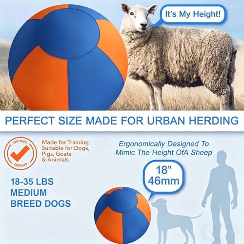 Sheepdog Herding Ball 10/18/22/25 Inch, Heavy-Duty Double-Layer Anti-Burst Tear-Resistant Interactive Dog Toy with Air Pump Washable Cover for Indoor Outdoor Play (Blue + Orange, 18 in)