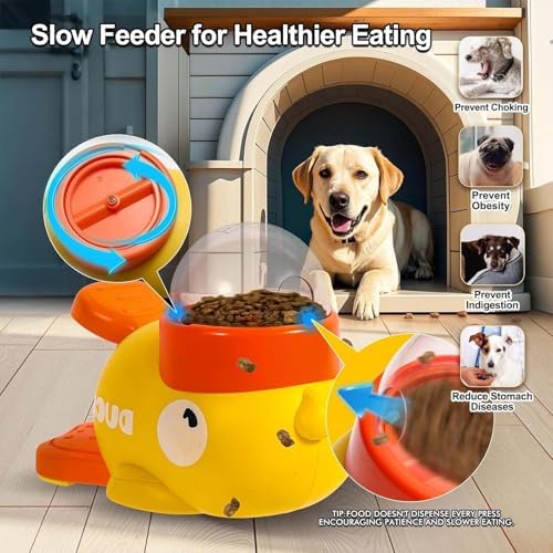 Duck Treat Dispenser,Interactive Dog Food Dispenser Toy with Button, Duck-Shaped Treat Dispenser for Small & Medium Dogs, Anti-Gulping IQ Training Bowl & Healthy Eating Pet Feeder
