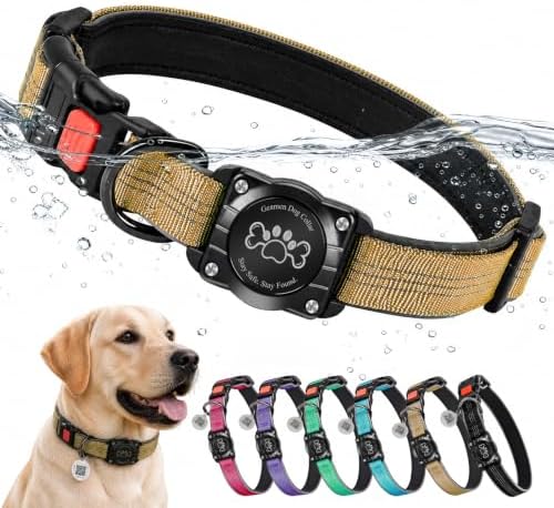 Geamen Waterproof Dog Collar QR Code Reflective Collar Khaki,L | Built-in Waterproof Holder, QR Code Tag, Reflective,Secure Buckle