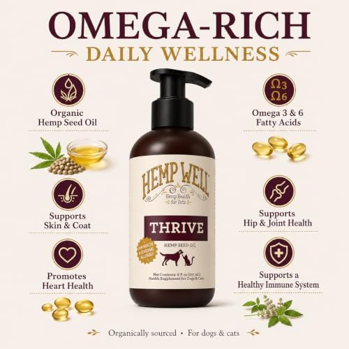 Hemp Well Thrive Hemp Oil for Dogs & Cats, Omega 3 & 6 Supplement, 2 Fl Oz