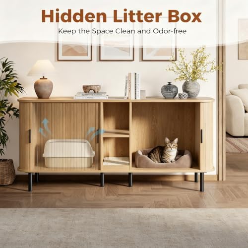 58" Double Cat Litter Box Enclosure, Large Hidden Litter Box Furniture for 2 Cats with Cat Scratch Pad, Wooden Modern Indoor Cat House with Double Room, TV Stand, Side Table, Natural