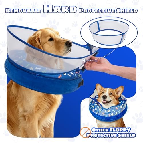 2-in-1 Inflatable Dog Cone Collar, Transparent Anti-Licking Shield with Detachable Soft Padding, Adjustable Elizabethan Collar for Small, Medium, Large Dogs and Cats (L)