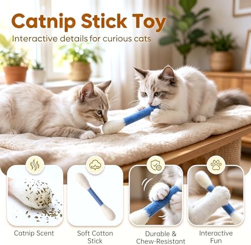 6 Pack Giant Cotton Swab Catnip Toys,Giant Qtip Cat Toy,Felt Interactive Kicker Chew Toys for Kittens & Indoor Cats, Soft Teething Toy with Organic Catnip, Eases Boredom, Cat Lover Gift (Beige)
