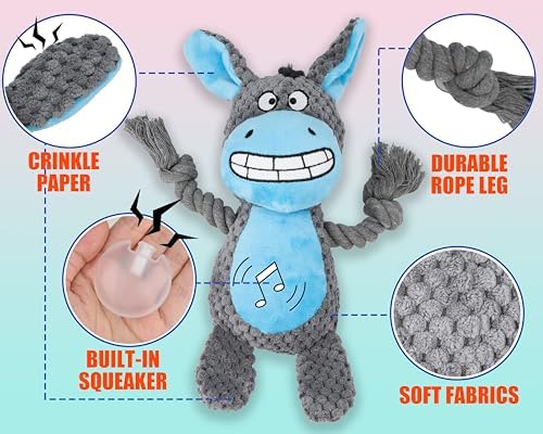 Squeaky Dog Toy Chew Plush Stuffed with Cotton Rope Crinkle Paper Soft Interactive Durable for Small Medium Large Dogs Puppy Pet Purple Hippo