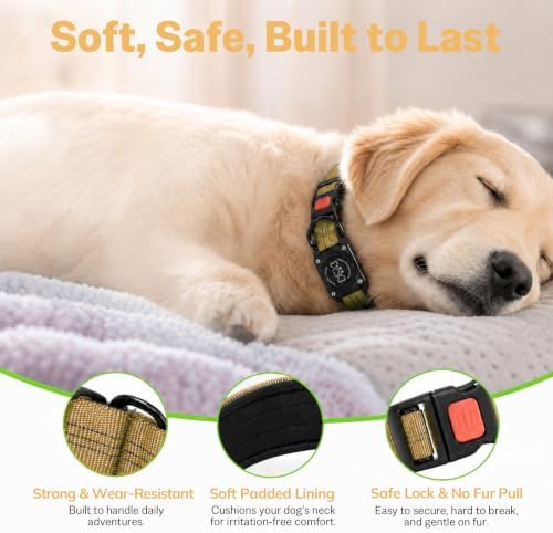 Geamen Waterproof Dog Collar QR Code Reflective Collar Khaki,L | Built-in Waterproof Holder, QR Code Tag, Reflective,Secure Buckle