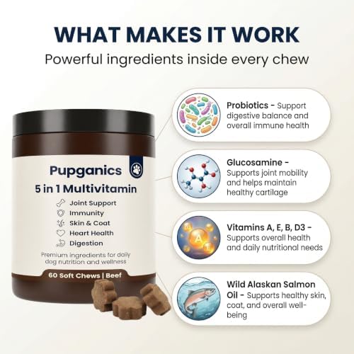 Pupganics Multivitamin Daily Soft Chews for Dogs, 5 in 1 multivitamin for Hip & Joint, Heart Health, Skin & Coat, Digestion & Immune Support, with Probiotics, Glucosamine, Vitamin A/D3/E (Beef)