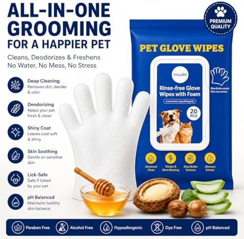 Pet Cleaning Gloves Wipes for Dogs & Cats – Disposable Grooming Gloves for Paws, Ears, Teeth & Body – Gentle & Easy No-Rinse Cleaning (20 Count)