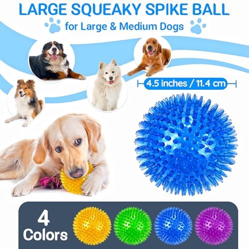 LECHONG 4-Pack Large Squeaky Dog Balls, 4.5" Rubber Spiky Dog Balls for Large Medium Aggressive Chewers Teeth Cleaning, Chew Toy for Training & Boredom Buster