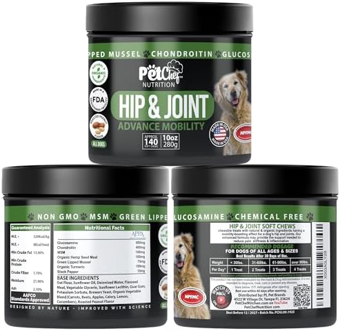 Pet Chef Dog Hip & Joint Pain Relief Supplement - Glucosamine, Chondroitin, MSM, Turmeric - Cannine Arthritis Pain Relief & Mobility Chews - Hip Joint Support Treats Peanut Butter 140ct Low Calories!