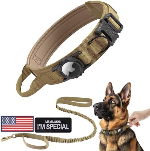 Tactical AirTag Dog Collar Leash Set - Heavy Duty, Adjustable GPS Colla