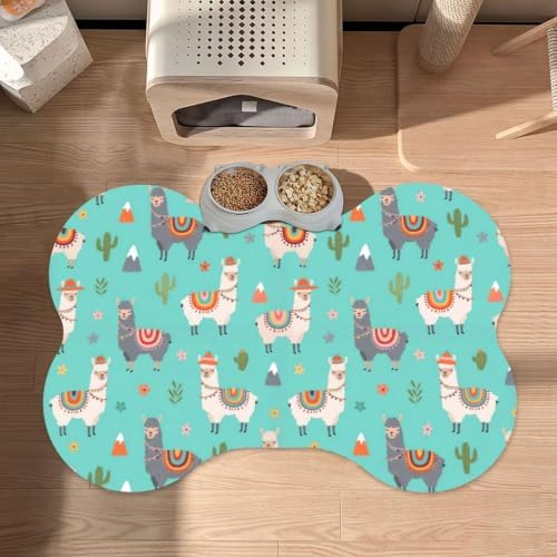 Llama Mint Green Dog & Cat Food Mat Bone Shaped Pet Feeding Mat
