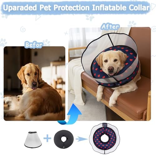 Inflatable Dog Cone Collar with Enhanced Anti-Licking Shield – Soft Adjustable Recovery Collar for Dogs & Cats After Surgery – Fits Large, Medium, Small Pets (Blue Love, X-Large)