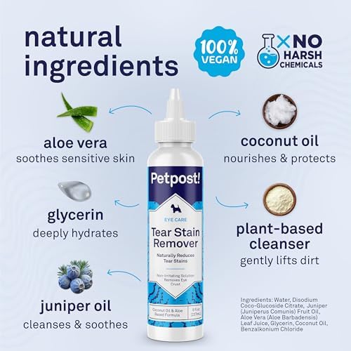 Petpost Tear Stain Remover for Dogs | 8 oz Gentle Dog Eye Cleaner Solution | Safe Dog Tear Stain Remover for White Fur & Light-Coated Breeds | Bleach Free