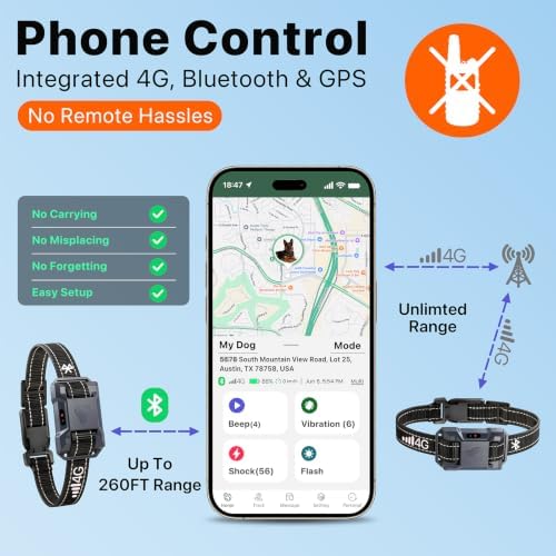 Bluetooth 4G Dog Shock Collar 2 Dogs Unlimited Dog Training Collar with Remote Control Beep Vibration(1‑16) Safe Shock(1‑99), Rechargeable Waterproof Shock Collar for Dogs 5-120lbs, Small Medium Large