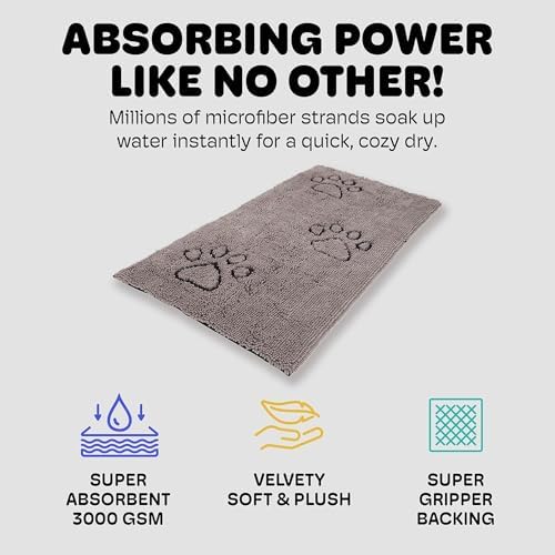 Dog Gone Smart Dirty Dog Doormat & Shammy - Super Absorbent, Fast Drying Polyester & Polyamide Microfiber Mat & Towel with Dual Hand Pockets, Non-Slip Backing & Machine Washable - Grey, 31 x 20 Inches