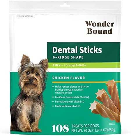 Wonder Bound Chicken Flavor Dental Sticks for Tiny Dogs (5-20 lbs), 6-Ridge Shape for Plaque & Tartar Control, Freshens Breath, Made With Real Chicken, 108 Count