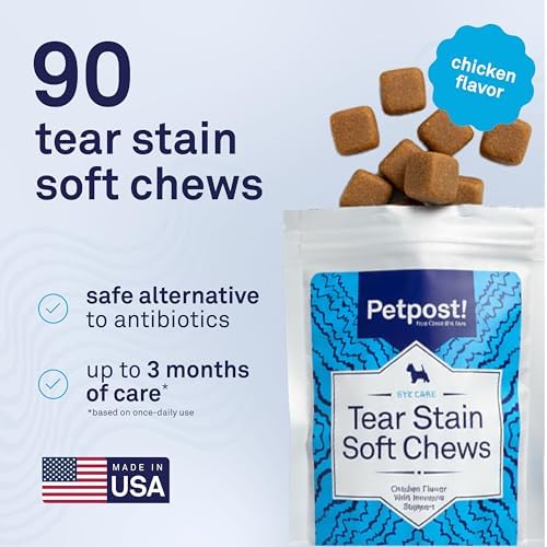 Petpost Tear Stain Remover Soft Chews for Dogs | 90 Count Chicken Flavor Dog Tear Stain Support Supplement | Gentle Eye Care for White Dogs & Light Breeds | Tylosin Free, Made in USA