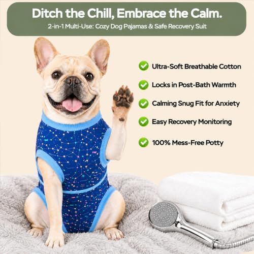 PetWarm Post-Spay Dog Suit, Dog Bodysuit for Spay Neuter, Galaxy, Blue, XS