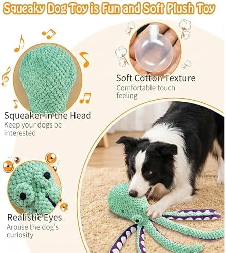 Plush Interactive Dog Toy Octopus-Shaped Plush Dog Sound Toy Indestructible Toy with Built-in Squeaker for Boredom Relief Durable, Chew-Resistant Dog Teething and Chew Toys (Green)